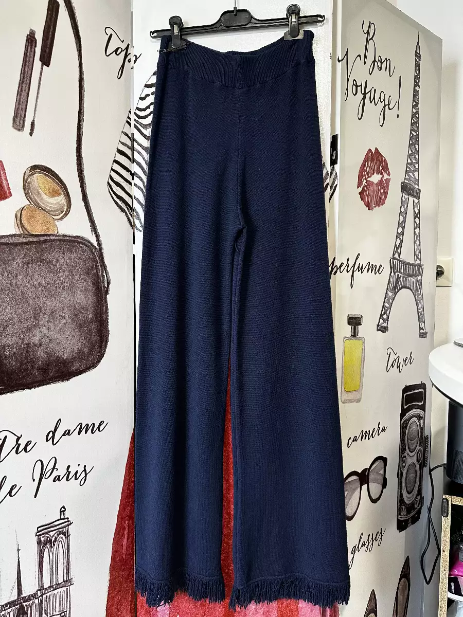 pantalon en laine bleu marine bords frange