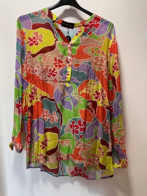 Chemise tunique en voile tons jaune, orange, beige, vert anis, parme